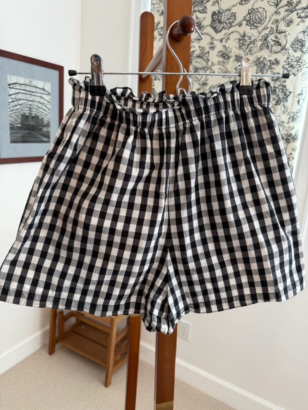 Joie Black & White Gingham High-Waist Elastic Shorts